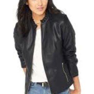 Cole Haan Black Faux Leather Ruffle Collar Jacket